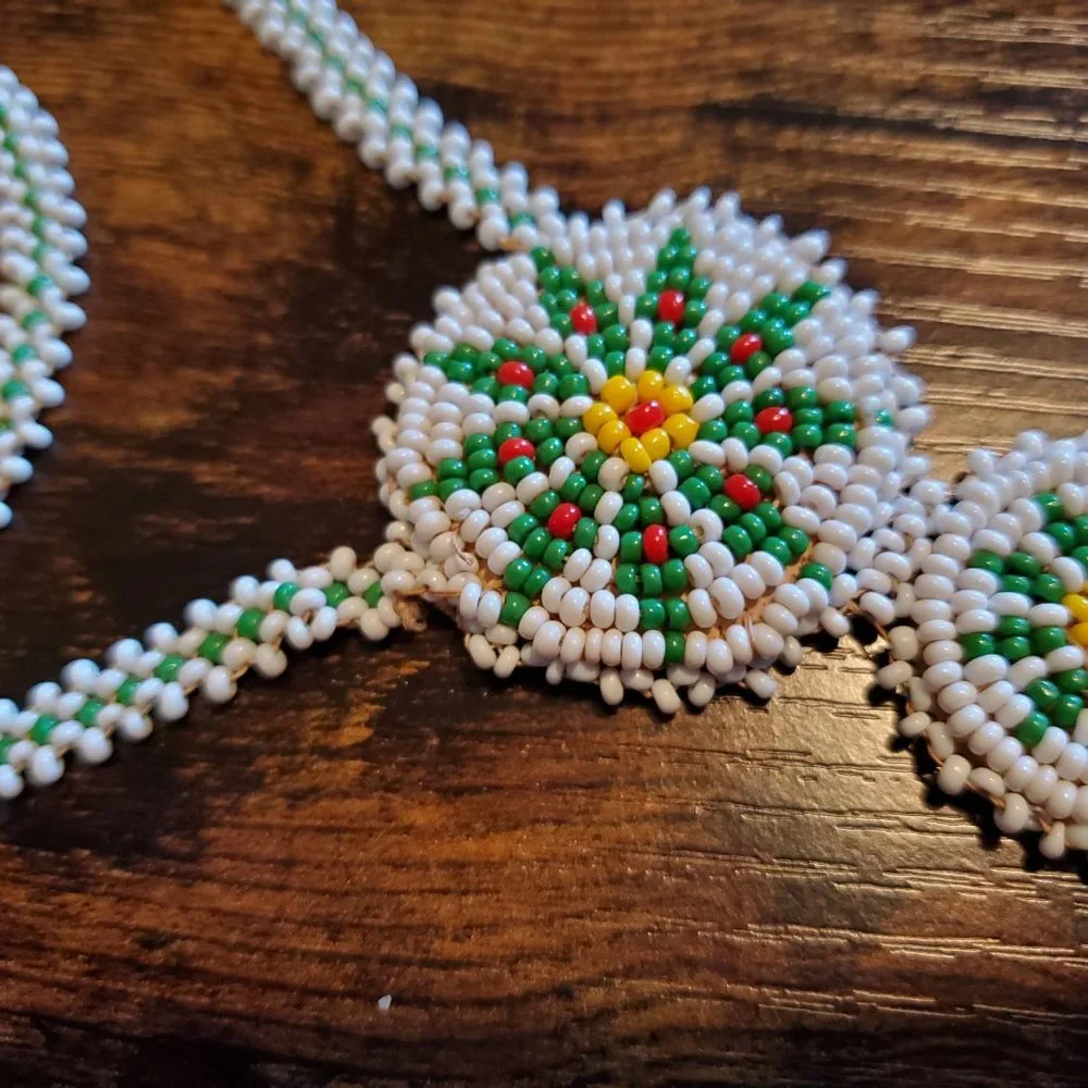 Native American Beaded Necklace - Leather backing - 16 1/2" long - Picture 3 of 4